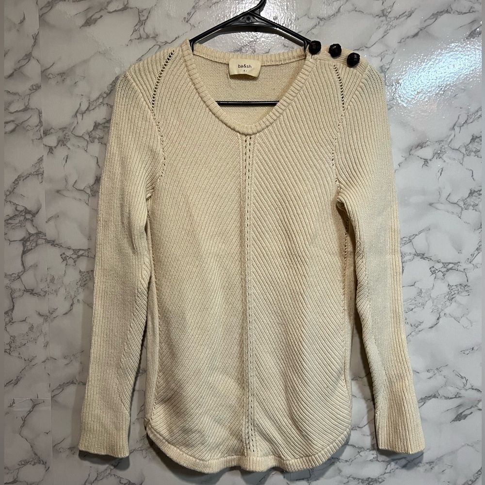 Ba&sh V Neck Women’s Sweater Sz 1 Cream Ribber Knit Wool Cashmere Button Accent